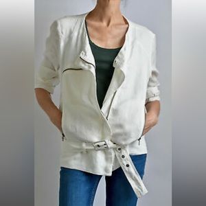 Joie White Linen Moto Jacket W/ Belt & Zippered pockets Size Medium